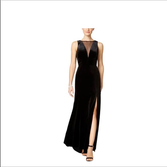 Nightway Plunging Illusion Velvet Gown 
